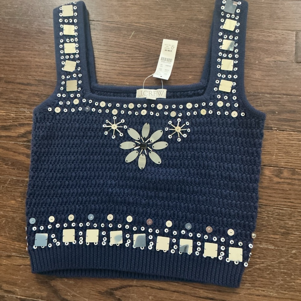 J. Crew Blue Knit Top with Silver Embellishments